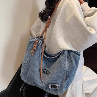 韩代正品emis百搭水洗牛仔布包包女复古休闲单肩手提大容量托特包