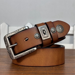 皮来客男士 女士真皮腰带复古风唐草雕花针扣头层牛皮潮流设计感