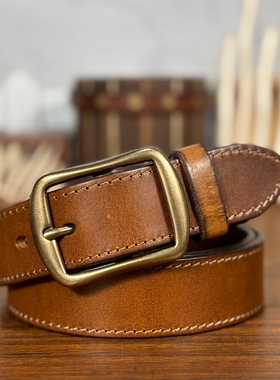 皮带女款配牛仔裤女生腰带头层牛皮铜扣真皮复古简约时尚棕色黑色