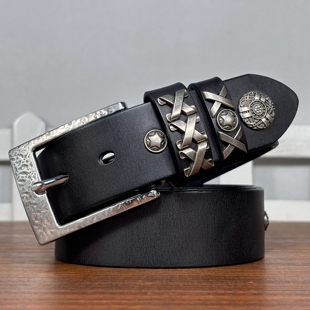 皮来客复古风男士 女士真皮腰带不锈钢扣头层牛皮铆钉皮带高级感