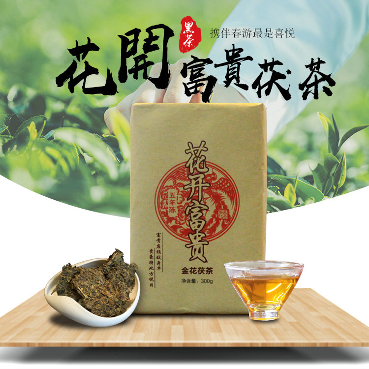 国货湖南安化黑茶机压金花茯茶300g会展随手礼茶叶散装口粮茶特价