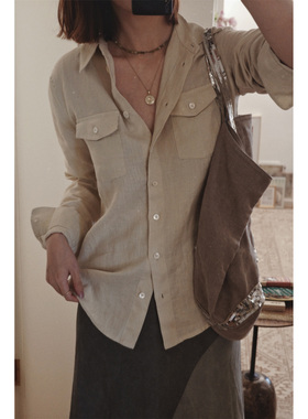 王牌水洗亚麻系列 猎装翻领双口袋衬衣 三色入