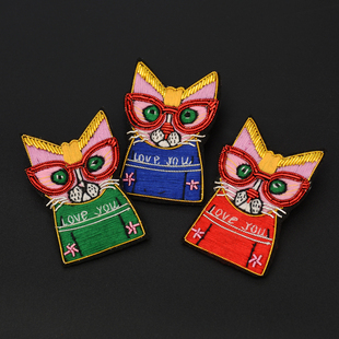 猫猫三 饰品 法式 创意手工刺绣印度丝猫咪胸针徽章卡通百搭别针装