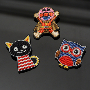 手工刺绣印度丝卡通猫咪徽章人物胸针猫头鹰女领口衣服包包配饰