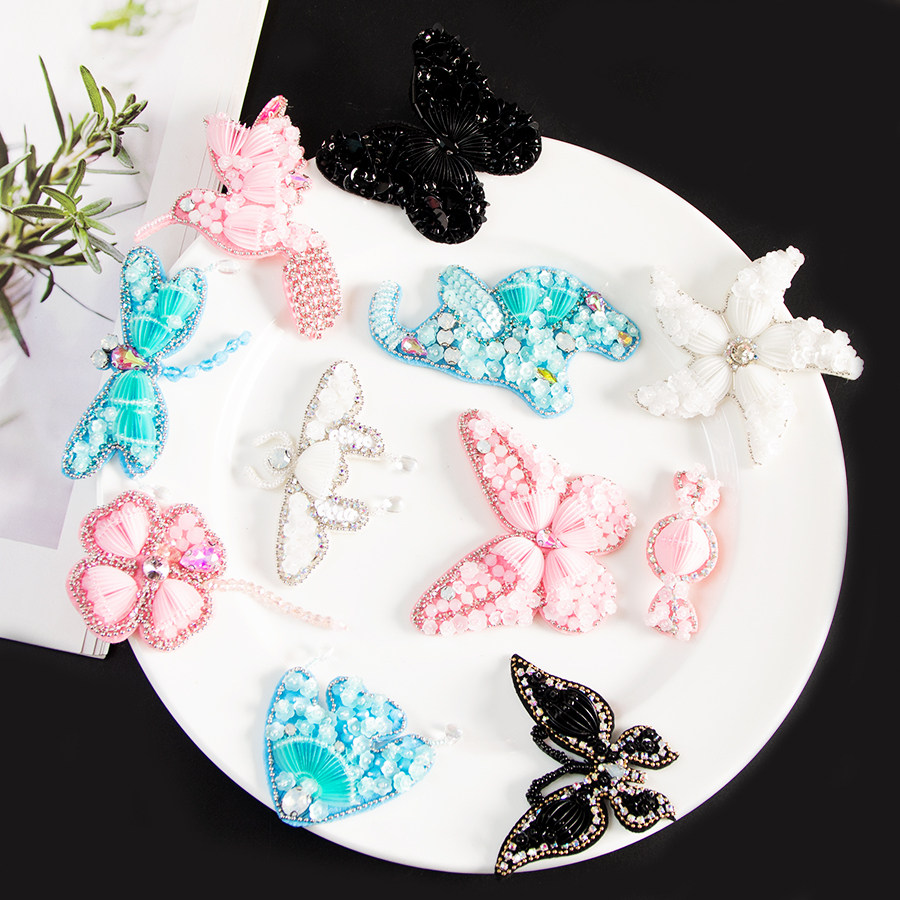 高档手工钉珠亮片立体蝴蝶布贴大象四叶草热带鱼服装装饰DIY辅料