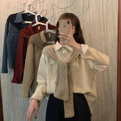 Real price autumn and winter Vintage suede fake two piece shawl shirt solid polo collar coat shirt