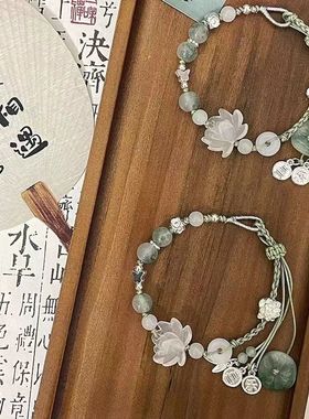 新中式精致荷叶莲花串珠手工编织绳手链你小众国风设计高级感手饰