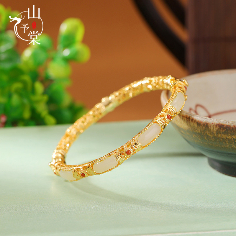 山予棠S925纯银镀金南红和田玉复古国风唐草纹镂空无事牌手镯手环