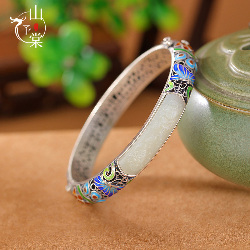 山予棠S925纯银和田玉国风高温烧蓝蝴蝶莲花无事牌雕刻手镯银手环