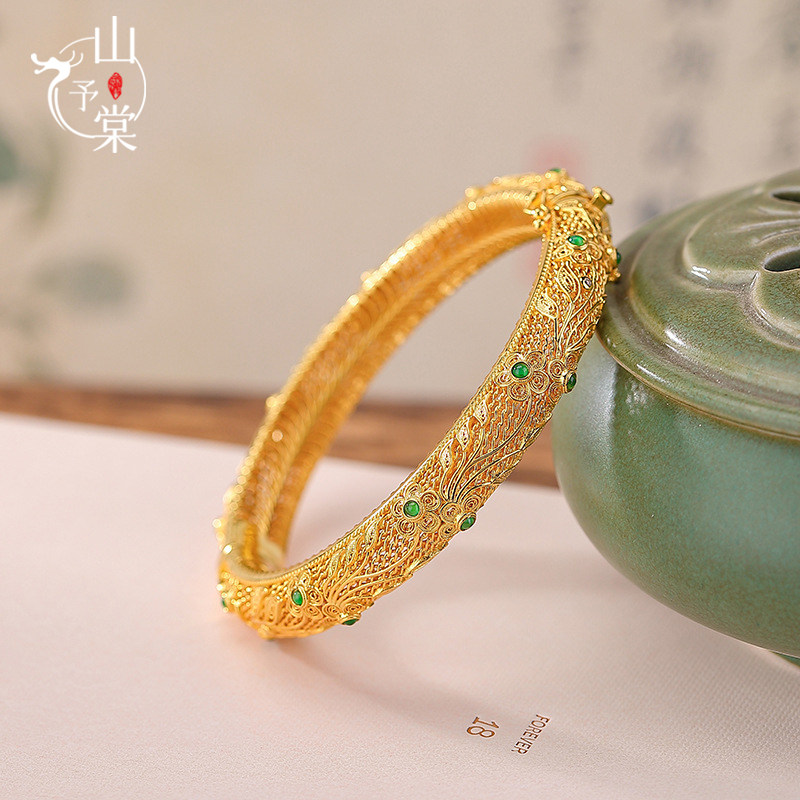 山予棠S925纯银镀金天然翡翠新中式国潮设计感镂空梅花叶子银手镯