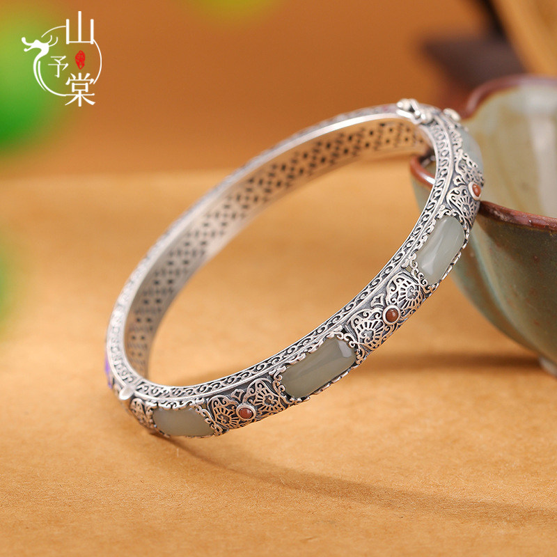 山予棠S925纯银南红和田玉复古做旧烧蓝繁花似锦无事牌手镯银手环