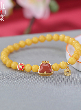 山予棠S925纯银镀金蜜蜡圆珠日进斗金本命年蛇宝福字国风手串手链