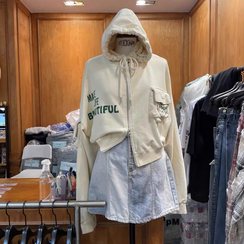 韩国代东大门2025年秋GARMENT-P公鸡家连帽短款卫衣外套 米灰现货