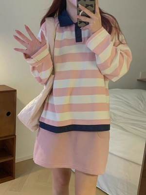 现货 韩国东大门 2025秋冬新款洋气百搭条纹polo领卫衣