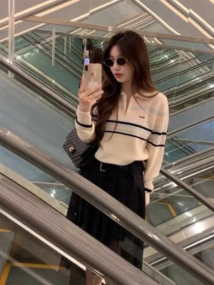 韩国东大门 2025秋冬新款简约百搭条纹翻领长袖针织衫毛衣miu系