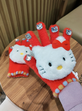 冬女生可爱Kitty猫手套 原创自制水貂绒五指保暖钻石毛绒手套礼物