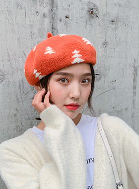 冬2024可爱贝雷帽 时尚休闲印花贝雷帽甜美保暖女生圆顶帽子