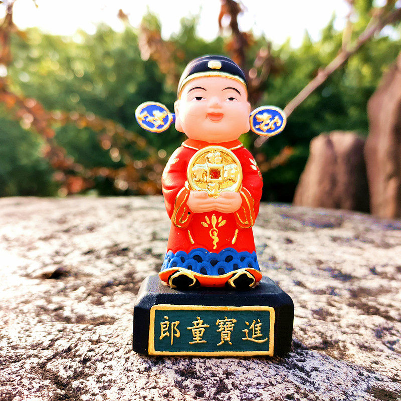 木雕彩绘善财童子中式手工艺品财神爷金童玉女招财童子黄杨摆件