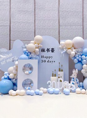 蓝色兔宝宝生日宴酒店餐厅布置定制100天满月男女孩气球卡通指引