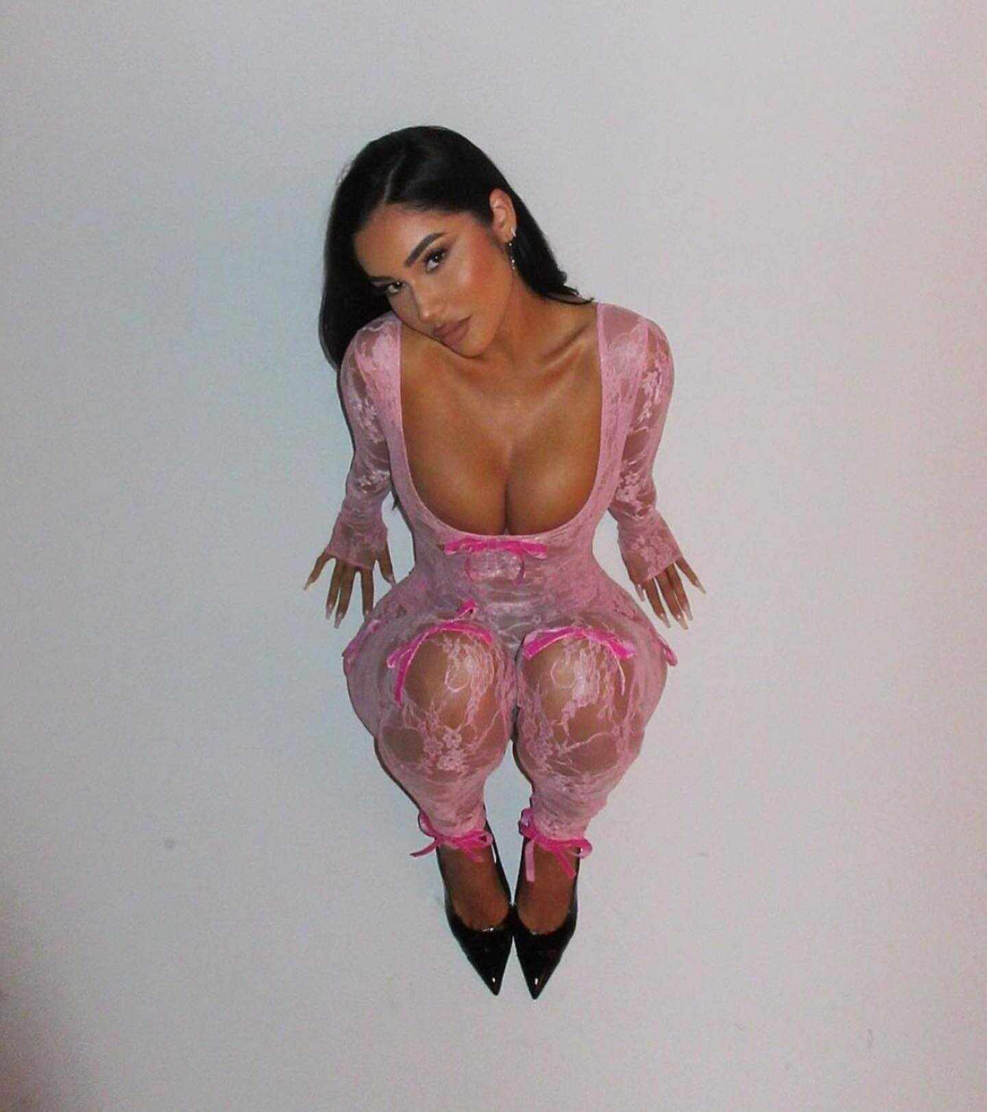 欧美夏季女装新款性感U领透视紧身长袖蕾丝蝴蝶结连体裤女约会衣