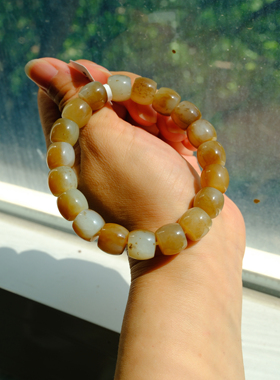 【一物一图】11.8mm新疆和田玉且末料糖白直切老型珠手串～18手围