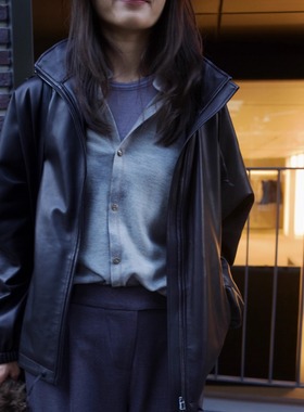 【TTDP】天天家轻奢Miu系进口羊皮连帽外套经典黑色皮夹克O0834