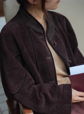 【TTDP】天天家轻奢系复古棕牛皮革棒球夹克老钱风立领外套11217