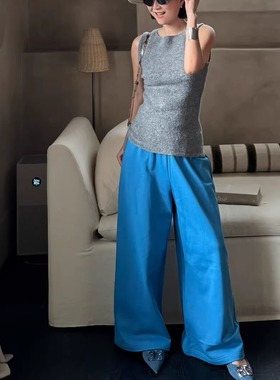 【TTDP】天天家极简风设计感天空蓝阔腿裤挺括垂感松紧腰卫裤1293