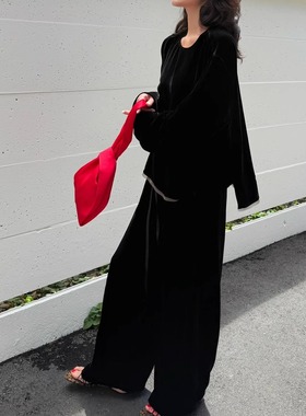 【TTDP】天天家法式慵懒丝绒套装简约经典黑上衣阔腿裤0844/0843