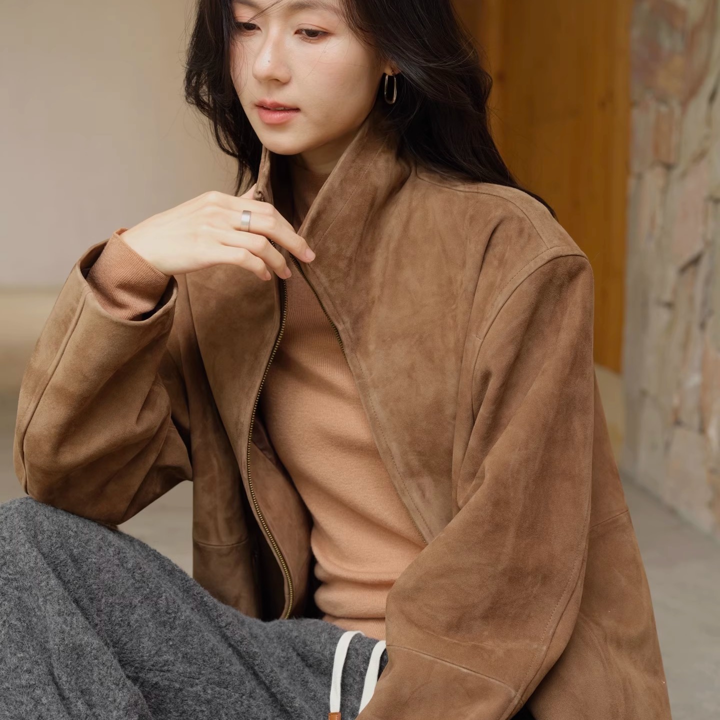 【TTDP】天天家轻奢立领反绒皮衣经典微廓形拉链夹克外套10141