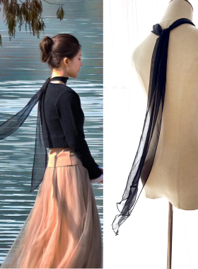 明星同款露丝桑蚕丝真丝女春夏秋高级感时尚黑色真丝长条丝巾飘带