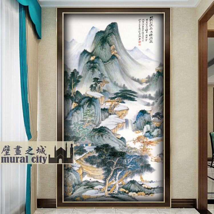 张大千山水国画墙画布大师泼墨水墨山谷松林画壁纸新中式背景墙画
