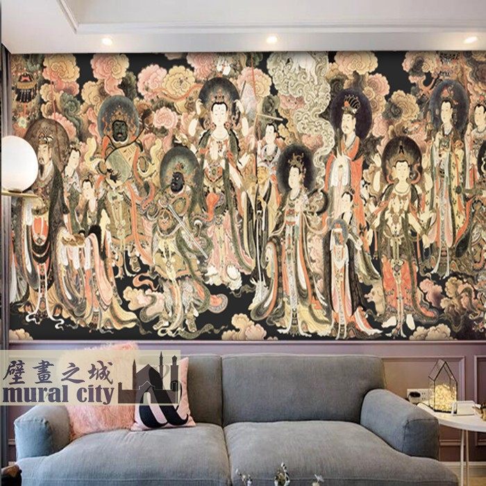 明代法海寺壁画墙纸古风复古摄影佛家壁纸画帝释梵天众神背景墙布