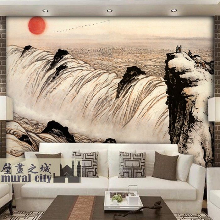 国画黄河日出壁纸新中式复古怀旧河流墙纸山水意境水墨背景壁画布