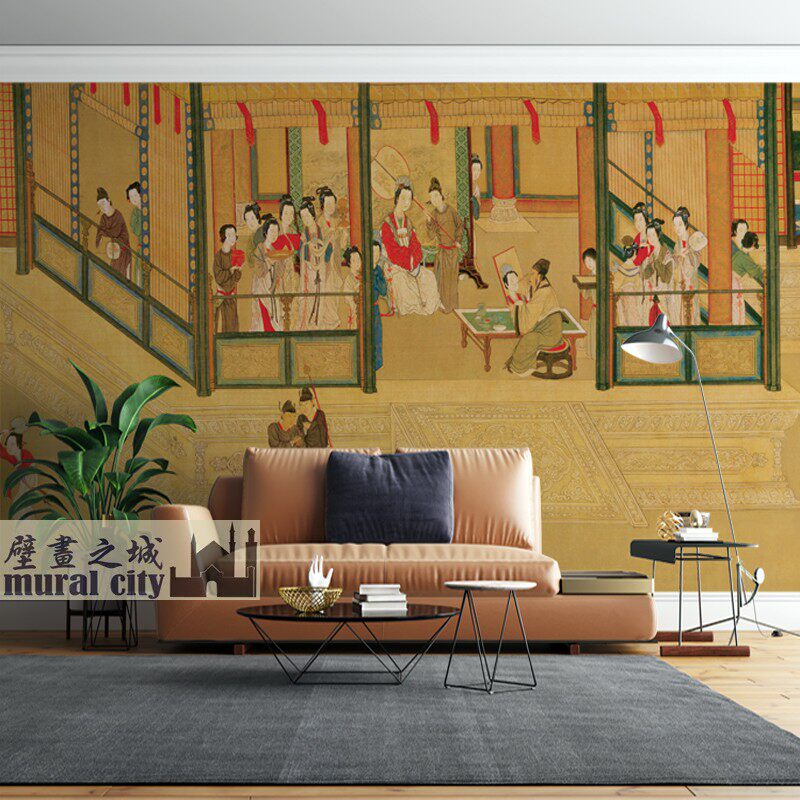 汉宫春晓墙布背景古代宫廷仕女图壁纸明代仇英美女画墙纸名画背景
