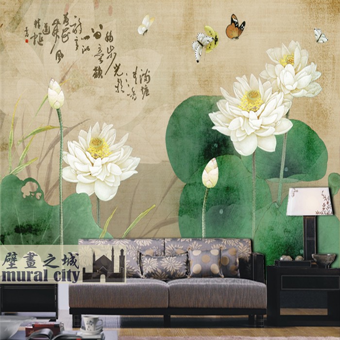 蝴蝶荷花水墨画国画壁纸中式工笔画彩莲花墙纸客厅酒店墙布背景墙