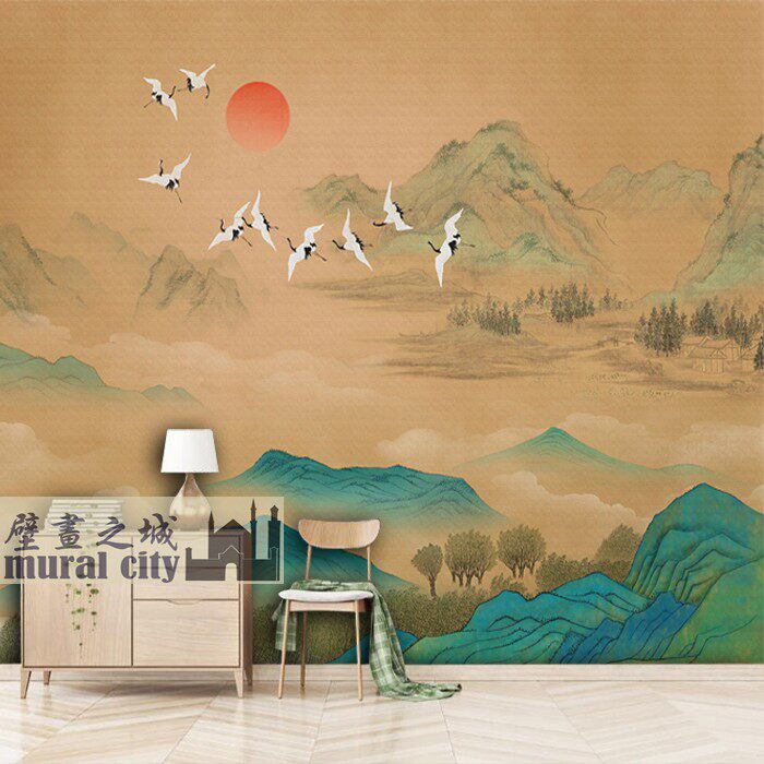 古风青绿山水壁纸中式红日仙鹤墙纸复古墙布简约国风意境背景壁画