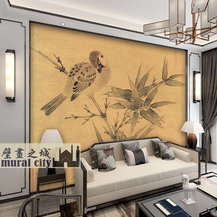 宋画竹雀图壁纸复古国画竹子麻雀墙纸布古风画书房酒店餐厅背景画