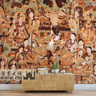 西域敦煌飞天壁纸莫高窟反弹琵琶墙布古风伎乐天诸天墙纸佛法背景