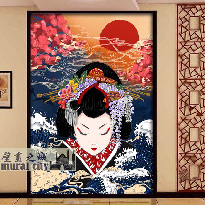 日本少女艺伎壁纸日式风格浪花女人仕女墙纸日系古典壁画背景墙