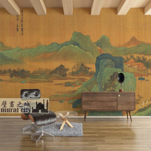 复古宋代美学墙布青绿山水壁纸