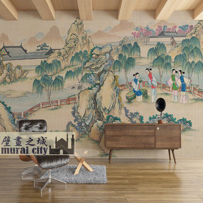 中式复古风人物墙布大观园山水园林壁纸红楼女子壁画国风摄影背景