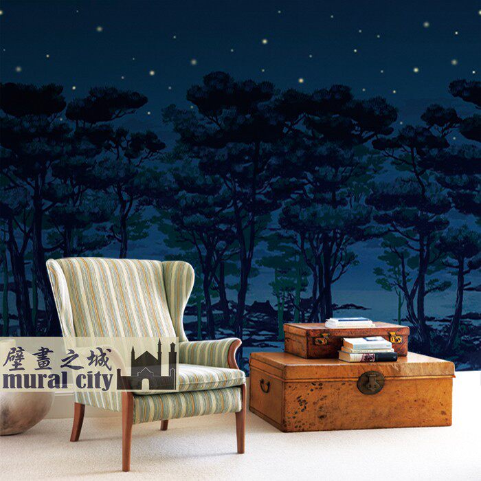 日系暗夜森林油画墙纸壁布深蓝树林丛林北欧风星空壁纸背景墙画布