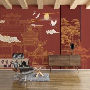 故宫红中国红墙布仙鹤亭台阁楼壁纸新中式山水线条墙纸背景壁画布