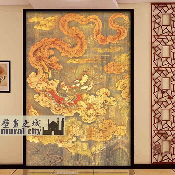 敦煌飞天仕女仙女壁纸古风中式祥云复古墙纸壁布法海寺背景墙壁画
