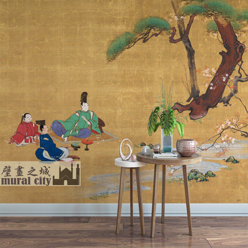 日本天皇古代人物壁纸日系复古风墙布日式松树屏风画宫廷背景壁画