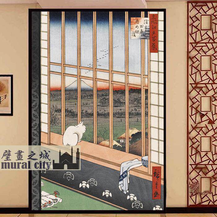 日式猫咪浮世绘壁纸日本风格和风墙纸安藤广重名所江户百景壁画