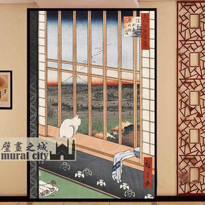 日式猫咪浮世绘壁纸日本风格和风墙纸安藤广重名所江户百景壁画