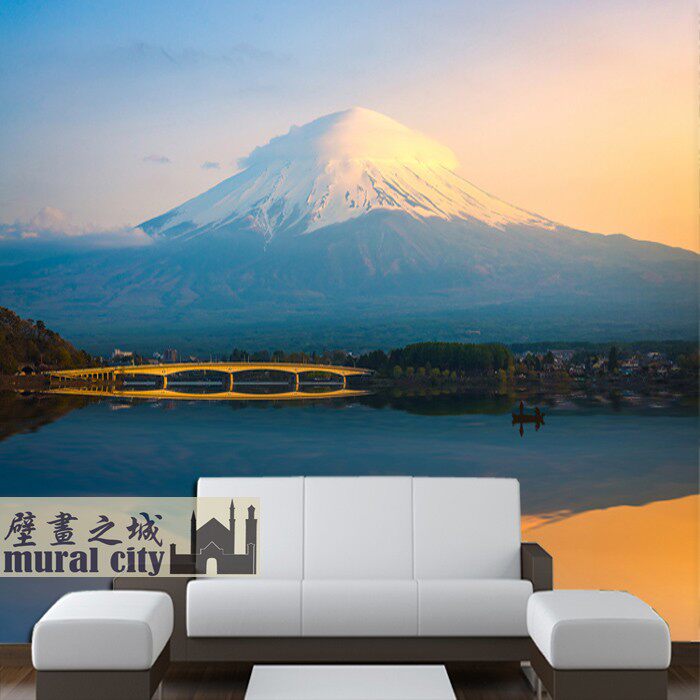 日本富士山雪山湖水倒影墙纸日式简约风景画壁纸日系自然风景壁画