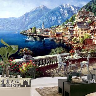 油画风格印象海港小镇大型壁画墙纸壁纸酒店客厅电视沙发背景墙